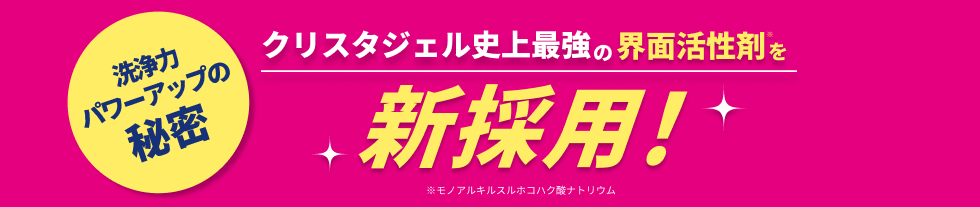 洗浄力パワーアップのヒミツ クリスタジェル史上最強の界面活性剤※を新採用 ※モノアルキルスルホコハク酸ナトリウム